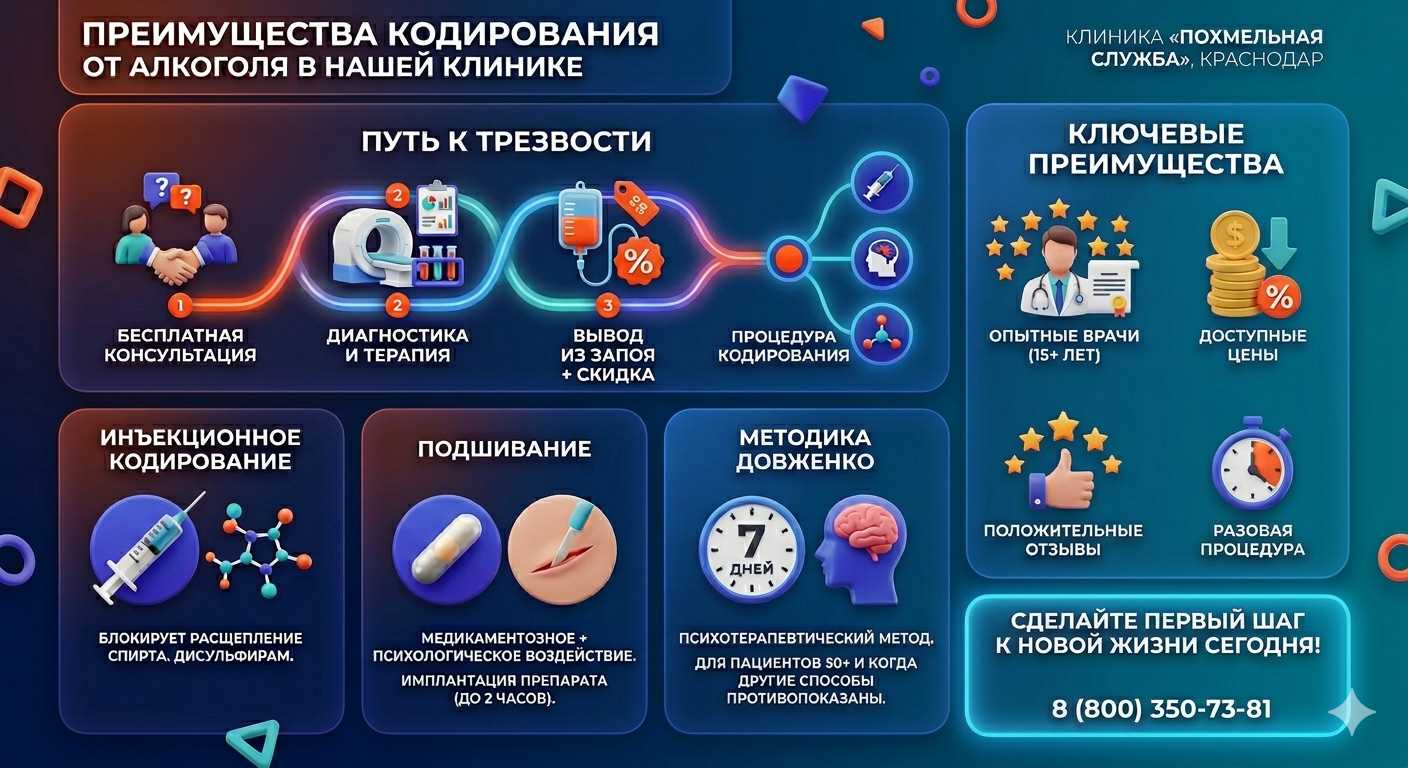 Инфографика о методах кодирования от алкоголя в Воронеже: инъекции, подшивание, метод Довженко. Преимущества клиники и этапы лечения.